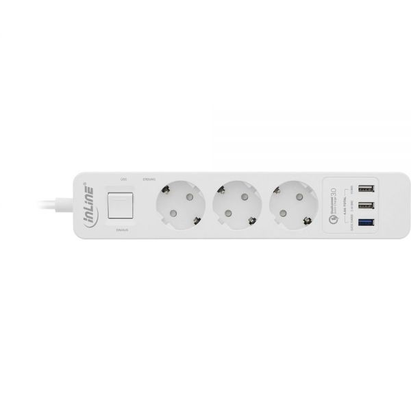 InLine® Steckdosenleiste mit Schalter mit Überspannungsschutz mit USB 3-fach Schutzkontakt 1,5m, weiß