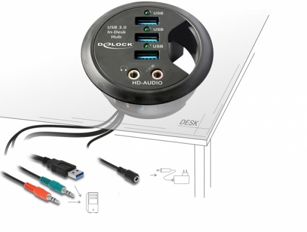 Delock 61990 Tisch-Hub 3 Port USB 3.0 + HD-Audio Ports